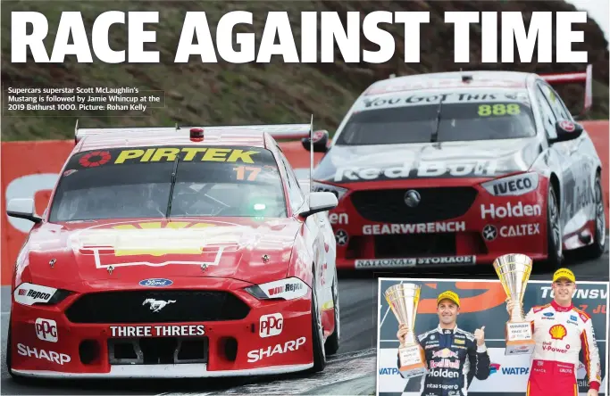  ??  ?? Supercars superstar Scott McLaughlin’s Mustang is followed by Jamie Whincup at the 2019 Bathurst 1000. Picture: Rohan Kelly