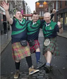  ??  ?? Left: Scotland fans Ian Walker, Sarah Rainford, Richard Clarkson, Heather Dulin and Charlie Dunleavey in Dublin’s Temple Bar yesterday. Above: Kevin Watt, Euan Stewart and Martin Matchet. Inset far left: Harry Wallace and Greg Love. Photos: Colin...