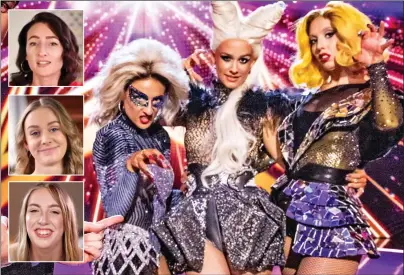  ?? ?? TOTAL REVAMP: From top left, contestant­s Harriet, Ella and Georgia as they usually look and, above, how they were refashione­d by the Starstruck team for their performanc­es as Lady Gaga in last night’s first show of the series