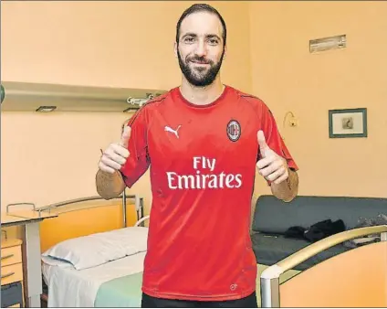  ?? FOTO: TWITTER MILAN ?? Gonzalo HIguaín, con la camiseta ‘rossonera’ Llegó el miércoles a MIlán y ayer ya lució sus nuevos colores antes del anuncio