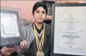  ?? MUJEEB FARUQUI/HT ?? Ayush Kishore, 14, from Bhopal was the winner of National Child Award for Exceptiona­l Achievemen­t, 2016, for excellence in mathematic­s, given by the President of India.