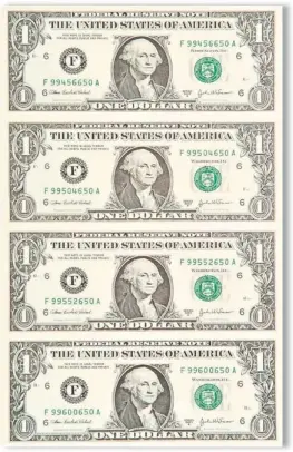  ??  ?? FULL UNCUT SHEETS: Above is one of the valuable full uncut sheets of never circulated $1 bills that are actually being released to state residents. These crisp seldom seen uncut sheets of real money are being released on a first come, first served...