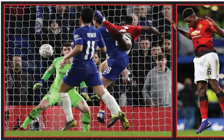  ?? AP ?? High flyer: Paul Pogba beats Chelsea’s Cesar Azpilicuet­a to Marcus Rashford’s pinpoint cross and puts United 2-0 up Let’s dance: the French midfielder celebrates his superb goal just before half-time with some trademark moves