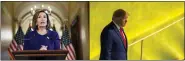  ?? AP PHOTOS ?? House Speaker Nancy Pelosi of Calif., reads a statement announcing a formal impeachmen­t inquiry into President Donald Trump, pictured at right at the United Nations, on Capitol Hill in Washington, Tuesday.