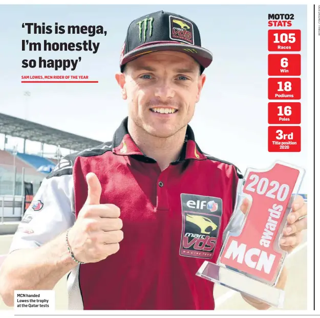 ??  ?? MCN handed Lowes the trophy at the Qatar tests