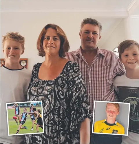  ?? Picture: SUPPLIED ?? From left to right, Thomas Snell, his mother Amanda Clarke, dad Phillip and younger brother Patrick. Thomas has also been remembered for his sporting talents, which included AFL and Rugby Union