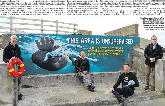  ?? PHOTO BY FRANCES MULDOON ?? Sligo County Council water safety officer Pete Murtagh, artist Nik Purdy of Blow Designs, Metal Man Swim Series co-ordinator Shane O’Doherty and project co-ordinator Patrick Tuohy.