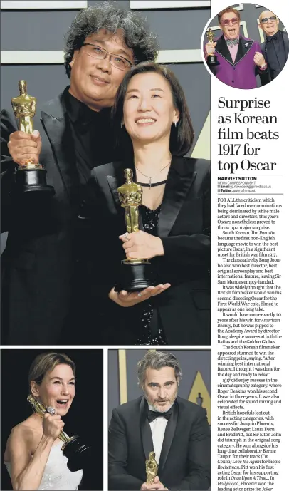  ?? PICTURES: PA WIRE/AP PHOTOS ?? WINNERS: Parasite director Bong Joon-ho and co-writer Kwak Sin-ae with their Oscars, main picture. Above left, Renee Zellweger, named as best actress for Judy and, above right, Joaquin Phoenix, who was named best actor for Joker. Inset top, Sir Elton John and Bernie Taupin.