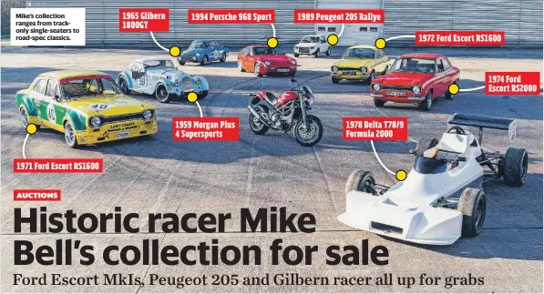  ??  ?? Mike’s collection ranges from trackonly single-seaters to road-spec classics. 1971 Ford Escort RS1600 1965 Glibern 1800GT 1994 Porsche 968 Sport 1959 Morgan Plus 4 Supersport­s 1989 Peugeot 205 Rallye 1978 Delta T78/9 Formula 2000 1972 Ford Escort RS1600 1974 Ford Escort RS2000