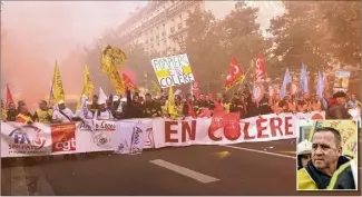  ??  ?? Forte délégation des Alpes-Maritimes parmi les pompiers qui manifestai­ent hier à Paris. En médaillon André Goretti. (Photos DR/Isa Harsin)