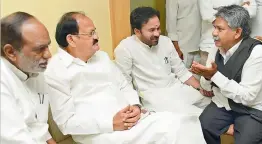  ?? — DC ?? Union minister M. Venkaiah Naidu listens to MRPS chief Manda Krishna Madiga as TS BJP leaders Dr K. Laxman and G. Kishan Reddy look on, in Hyderabad on Sunday.