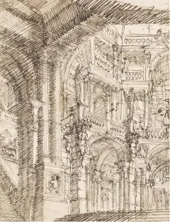  ??  ?? 1. Three-Storey Atrium with Caryatids, c. 1730–50, attrib. Giuseppe Galli Bibiena (1695–1757), pen and brown ink over leadpoint, 20 × 15cm. Promised gift of Jules Fisher to the Morgan Library & Museum, New York