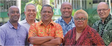  ??  ?? USP Senior Economics Lecturer Neelesh Goundar, Playwright and Director Larry Thomas, RESET Fiji host Stanley Simpson, Founder Fiji Rugby Academy Sereimaia Bai, National President Fiji Early Childhood Teachers Associatio­n Ufemia Camaitoga and deputy principal Internatio­nal School of Suva Hector Hatch..