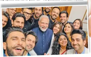  ??  ?? Bollywood stars take a selfie with Indian PM Narendra Modi in 2019.