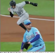  ?? (AP/Louis DeLuca) ?? Two-time Cy Young Award winner Corey Kluber pitches in his debut for the Texas Rangers as Trevor Story of the Colorado Rockies breaks from first Sunday in Arlington, Texas. Kluber left after the first inning with shoulder tightness, and Story, a Dallas-area native, hit two home runs to help the Rockies win 5-2.