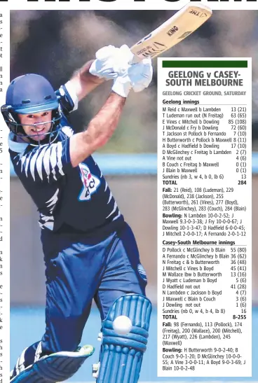  ?? Picture: GLENN FERGUSON ?? BIG INNINGS: Tim Ludeman drives through the off side on his way to a well-made 63 in Saturday’s win over Casey-South Melbourne at Geelong Cricket Ground.