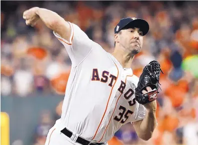  ?? MATT SLOCUM/ASSOCIATED PRESS ?? October hasn’t been kind to Justin Verlander in the past, but he has a chance on Tuesday to complete the Houston Astros’ comeback from a 2-0 World Series deficit and put away the Washington Nationals.