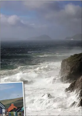  ?? Photos by Declan Malone ?? Gleann Fán and the Blasket Islands at 1.20pm on Monday when West Kerry was in the eye of Storm Ophelia. INSET: 15 minutes earlier Dingle was bright and breezy after the morning’s gale.