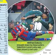  ??  ?? ZA-ARGH Wilfried Zaha is brought down by Newcastle’s Valentino Lazaro who was then shown a red card