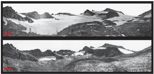  ??  ?? In 1883, Israel Russell took the top photo of the Lyell Glacier, when its size was 13.15 million square feet. Keenan Takahashi took the bottom photo in 2015 from the same spot. The glacier shrank to 2.9 million square feet, losing 90 percent of volume...