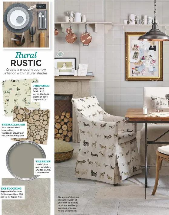  ??  ?? THE WALLPAPER AS Creation wood logs pattern wallpaper, £10.99 per roll, I Want Wallpaper THE FLOORING Regional Reflection­s Cottesmore tiles, £50 per sq m, Topps Tiles THE FABRIC Dogs linen fabric, £20 per m, Clarke & Clarke at Jane Clayton & Co THE...