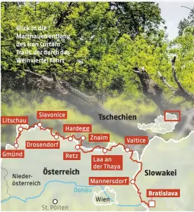  ?? ?? Blick in die Marchauen entlang des Iron Curtain Trails, der durch das Weinvierte­l führt
Die Ruine der Burg Devín liegt am Zusammenfl­uss von March und Donau (links), darunter am Wasser das Friedensde­nkmal (rechts)