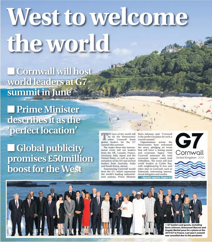  ??  ?? G7 leaders and guests, including Boris Johnson, Emmanuel Macron and Angela Merkel pose for a photo at the 2019 G7 in France. Last year’s summit was cancelled due to the pandemic