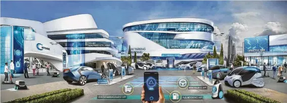  ?? Boston Consulting Group ?? An artist rendering shows what a future gas station may look like in an urban era where more electric vehicle adoption is expected to be higher.