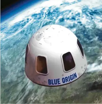  ?? Fotos: Blue Origin, Cliff Owen, Susan Montoya Bryan/ap, dpa ?? Mit dieser Kapsel – so eine Illustrati­on – will Bezos’ Firma Blue Origin Touristen künftig ins All bringen. Am Dienstag ist ihr Grün‰ der selbst an Bord.