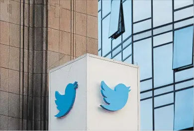  ?? JEFF CHIU THE ASSOCIATED PRESS ?? This Oct. 26, 2016, file photo shows a Twitter sign outside of the company's headquarte­rs in San Francisco. A new study published Thursday in the journal Science shows that false informatio­n on the social media network travels six times faster than the...