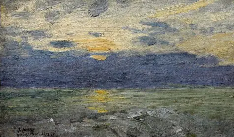  ??  ?? „Gelbes Meer“hat Jacob Nöbbe diese Lichtimpre­ssion betitelt, die er 1898 unter freiem Himmel in Ekensund in Öl auf Malpappe skizzierte.