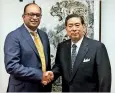  ??  ?? Sunshine Holdings Group Managing Director Vish Govindasam­y with SBI Holdings President and CEO Yoshitaka Kitao after the successful conclusion of the private placement in Tokyo on July 03rd