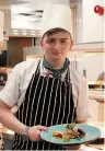  ??  ?? Level 3 Profession­al Cookery student Callum Burrill, 20, shows off his main dish, and, right adding the final touches. Inset, a venison dish