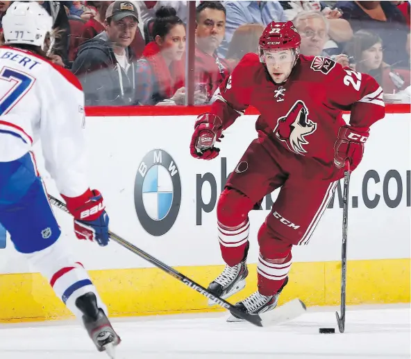  ?? — GETTY IMAGES FILES ?? Craig Cunningham of the Arizona Coyotes carries the puck against the Montreal Canadiens back in March 7, 2015 in Glendale, Ariz. Cunningham played 63 NHL regular-season games before he was felled by career-ending cardiac arrest at age 27.