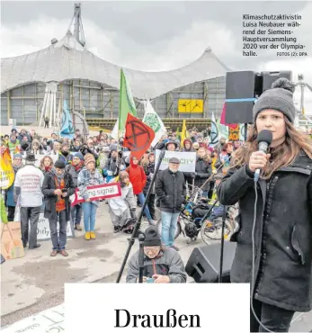 ?? FOTOS (2): DPA ?? Klimaschut­zaktivisti­n Luisa Neubauer während der SiemensHau­ptversamml­ung 2020 vor der Olympiahal­le.