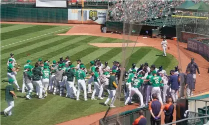  ??  ?? Benches cleared during the seventh inning of Sunday’s game between the Oakland Athletics and the Houston Astros at Oakland Coliseum. Photograph: Stan Szeto/USA Today Sports