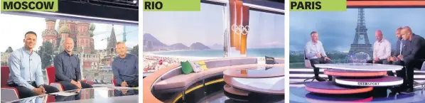  ??  ?? VIEW DARES WINS From left, Gary Lineker and Co at this year’s World Cup, Rio Olympics studio and BBC pundits in Paris for the 2016 Euros MOSCOW RIO PARIS