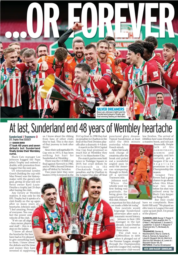  ??  ?? SILVER DREAMERS Boss Lee Johnson (right) and his Sunderland players finally get that winning feeling at Wembley