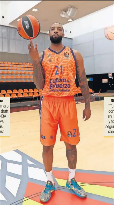  ??  ?? Derrick Williams hace malabares con un balón en las canchas de l’Alquería del Basket en Valencia.