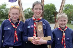  ??  ?? Holly Larkin, Paige Mitchell and Robert Mitchell of the 34th Wexford Davidstown troop with the best pack leader award.