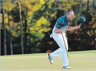  ?? HARRY HOW GETTY IMAGES ?? Sergio Garcia celebrates after defeating Justin Rose on the first playoff hole during the final round of the 2017 Masters Tournament at Augusta National Golf Club on April 9, 2017 in Augusta, Georgia.