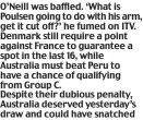 ??  ?? O’Neill was baffled. ‘What is Poulsen going to do with his arm, get it cut off?’ he fumed on ITV. Denmark still require a point against France to guarantee a spot in the last 16, while Australia must beat Peru to have a chance of qualifying from Group...