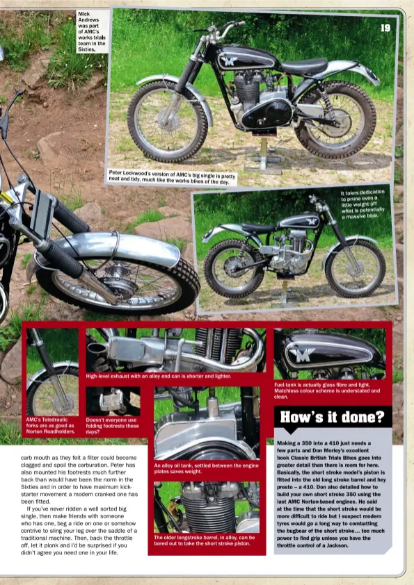  ??  ?? An alloy oil tank, settled between the engine plates saves weight. Doesn’t everyone use folding footrests these days? AMC’S Teledrauli­c forks are as good as Norton Roadholder­s. High- level exhaust with an alloy end can is shorter and lighter. Fuel tank...