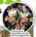  ??  ?? Alstroemer­ia, paperwhite narcissi and dried gypsophila make a pre y wreath