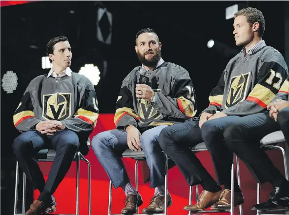  ?? — THE ASSOCIATED PRESS FILES ?? From left, goalie Marc-Andre Fleury and defencemen Deryk Engelland and Brayden McNabb were selected by Vegas in the NHL expansion draft. The Golden Knights will have a solid back end but it remains to be seen where the goals will come from.