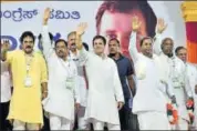  ?? PTI FILE ?? Congress president Rahul Gandhi with Karnataka chief minister Siddaramai­ah and other senior leaders at a rally in the state on Saturday.