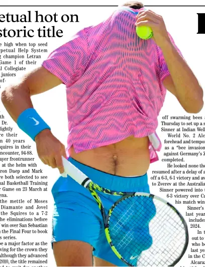  ?? PHOTOGRAPH COURTESY OF THE ATHLETIC/TWITTER ?? CARLOS Alcaraz protects himself as he gets attacked by swarming bees during his quarterfin­al clash with Jannik Sinner in the Indian Wells ATP-WTA Masters.