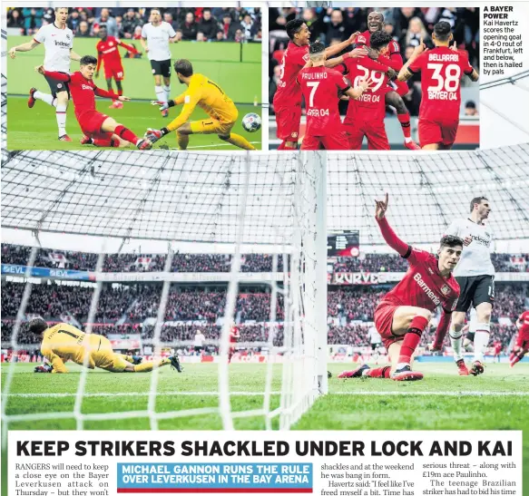  ??  ?? A BAYER POWER Kai Havertz scores the opening goal in 4-0 rout of Frankfurt, left and below, then is hailed by pals