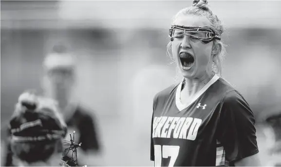  ?? DANIEL KUCIN JR./BALTIMORE SUN MEDIA GROUP PHOTOS ?? Hereford’s Isabella Peterson celebrates after scoring a goal during the 2A girls lacrosse state semifinal match against Glenelg. The victory put Hereford into the state final.