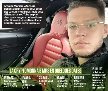  ?? PHOTO TIRÉE D’INSTAGRAM ?? Antoine Marsan, 22 ans, ne détient aucun permis pour coter des valeurs mobilières, mais s’est défendu sur Youtube en plaidant que « les gens doivent faire attention où ils investisse­nt leur argent ».